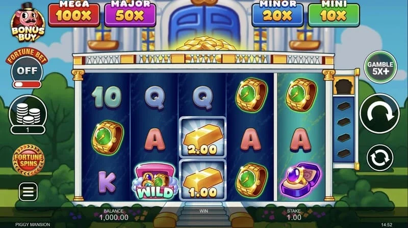 Piggy Mansion - 5x3 ızgara ve para sembolleri içeren bir oyun ekranı